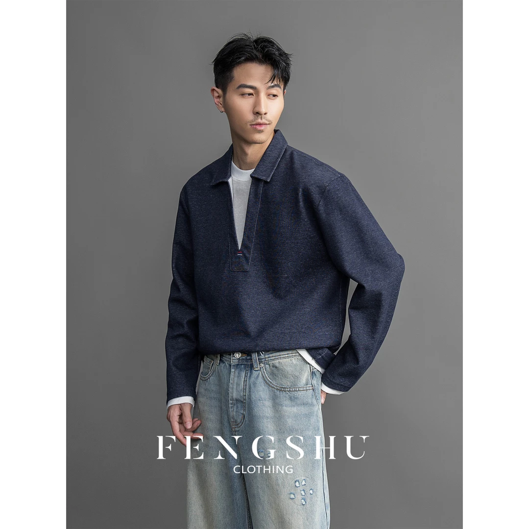 FENGSHU 老钱风假两件深V领T恤男秋季宽松针织卫衣休闲百搭上衣潮