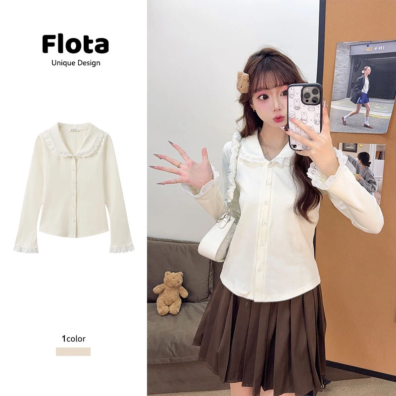 【flota】POLO领蕾丝花边纽扣小清新2025新款修身显瘦独特别致2912