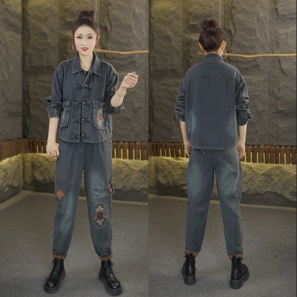 2025年开春新款欧韩版欧水洗做旧牛仔套装宽松遮肉显瘦两件套2558