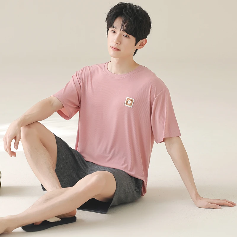 夏季睡衣男士短袖冰丝螺纹薄款青少年2025新款男士夏天家居服套装