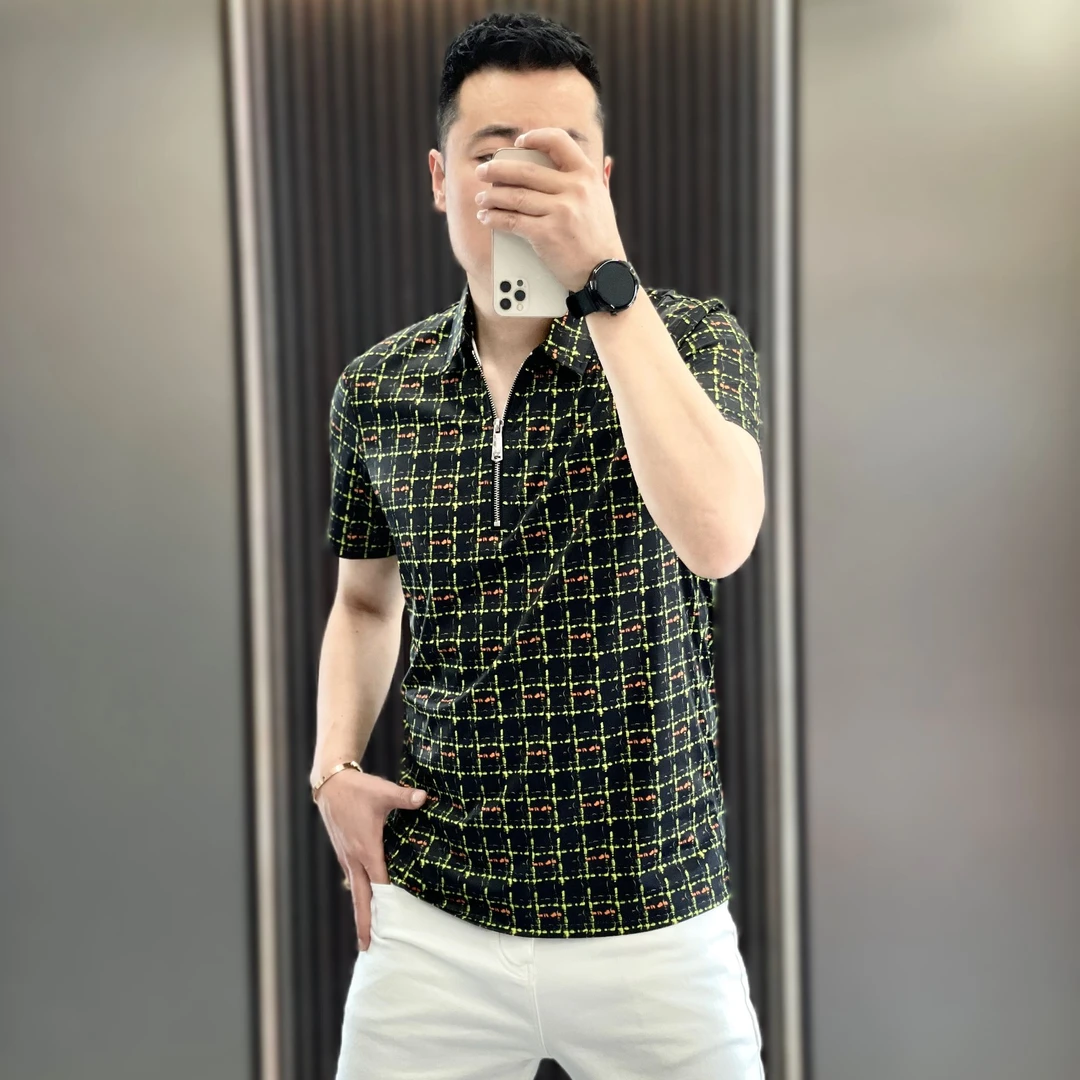 【傲者严选】夏季新款男士翻领时尚短袖翻领格子T恤半拉链轻奢半袖