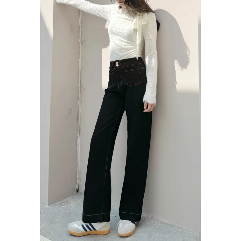 黑金色秋冬加绒港风气质高腰小个子直筒显瘦牛仔裤直筒裤9176#
