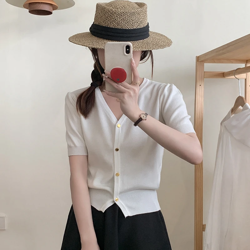 短袖t恤女2025年夏季薄款泡泡袖针织上衣显瘦气质冰丝短款v领开衫