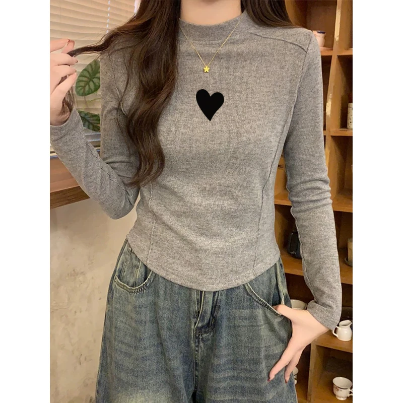 清仓捡漏~深灰色半高领修身德绒磨毛长袖T恤女高级感气质内搭上衣