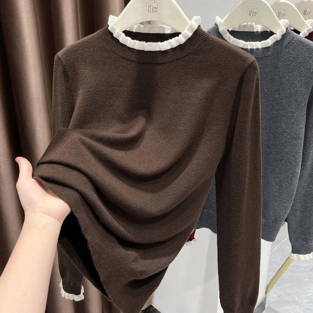 咖色花边设计长袖针织衫女秋冬新款洋气高档圆领上衣时尚软糯T恤