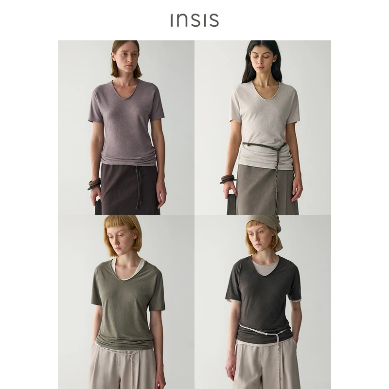 INSISFEMME汉麻V领堆褶短袖T恤FN25111007
