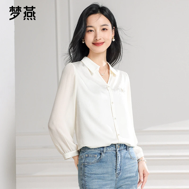 梦燕春秋女款气质简约翻领时尚小衫小众设计感宽松衬衫AA03B5018