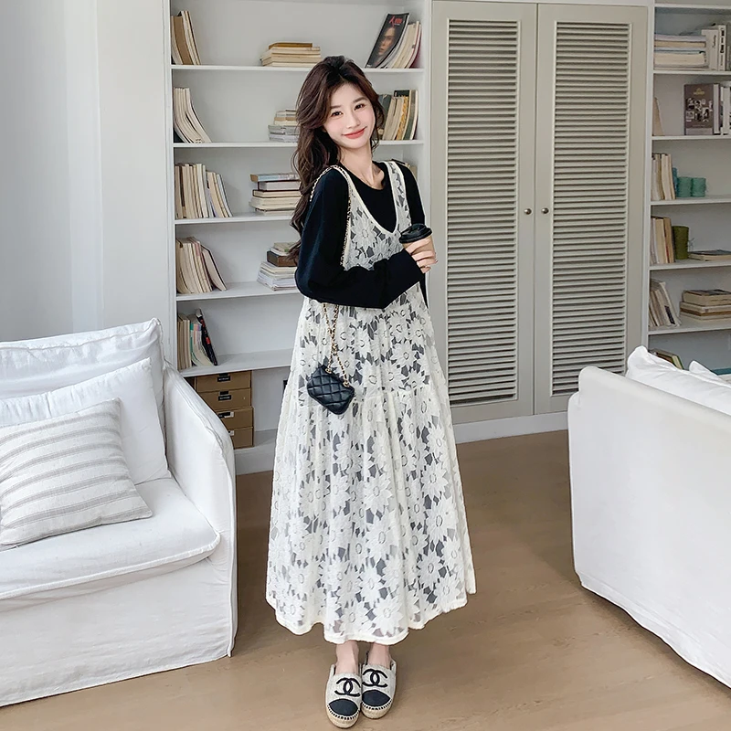 复古钩花蕾丝罩衫叠穿连衣裙春季新款气质宽松显瘦打底长裙两件套