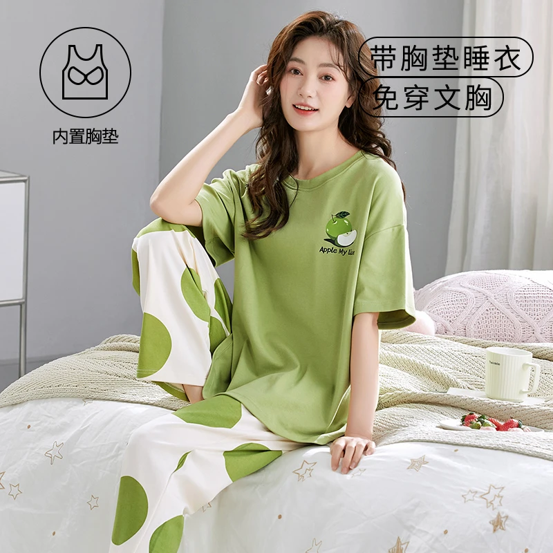 2025新款带胸垫睡衣女春夏季舒适薄款短袖长裤夏天女款大码家居服