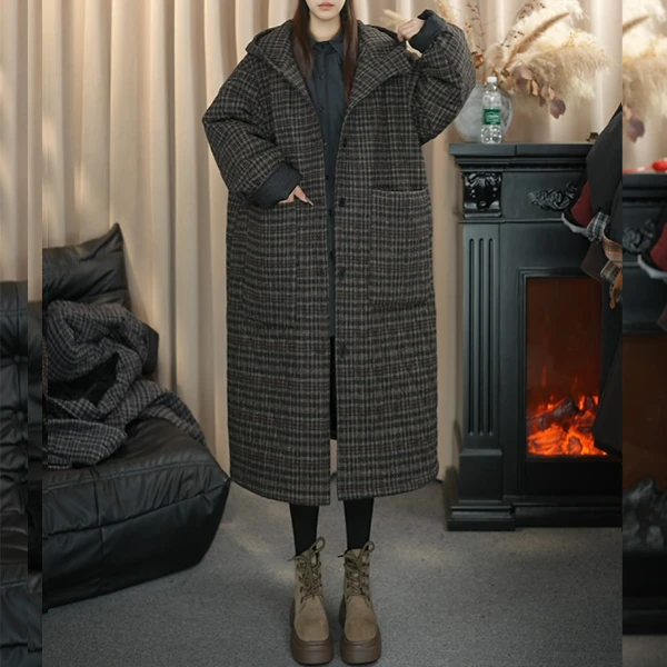 肉肉家 休闲大码洋气百搭显瘦格子加绒加厚棉服9341