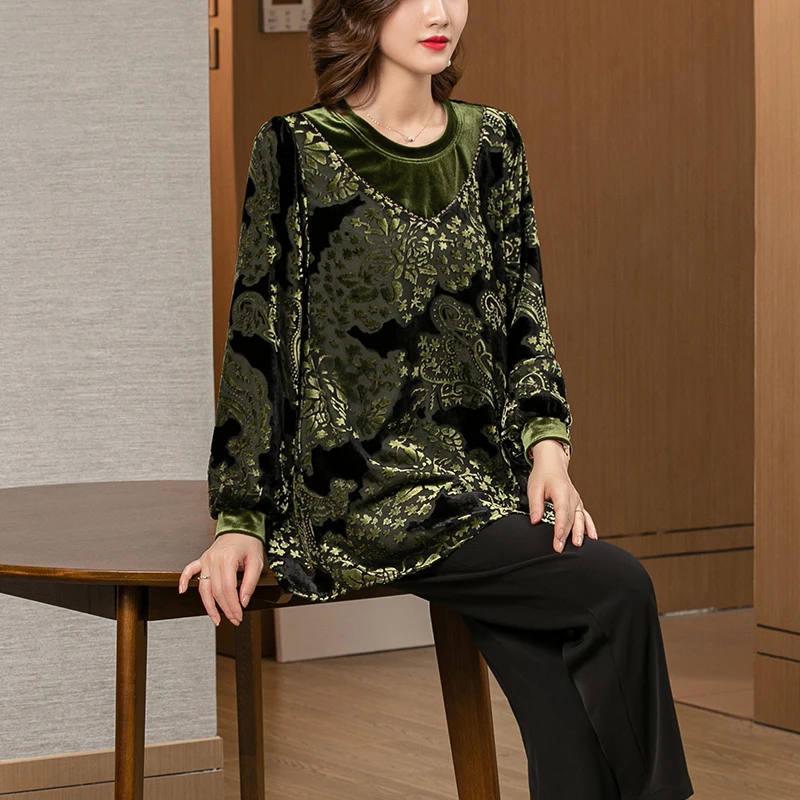 珂影依宽松丝绒上衣女秋季拼接气质圆领长袖洋气妈妈衬衫中长款