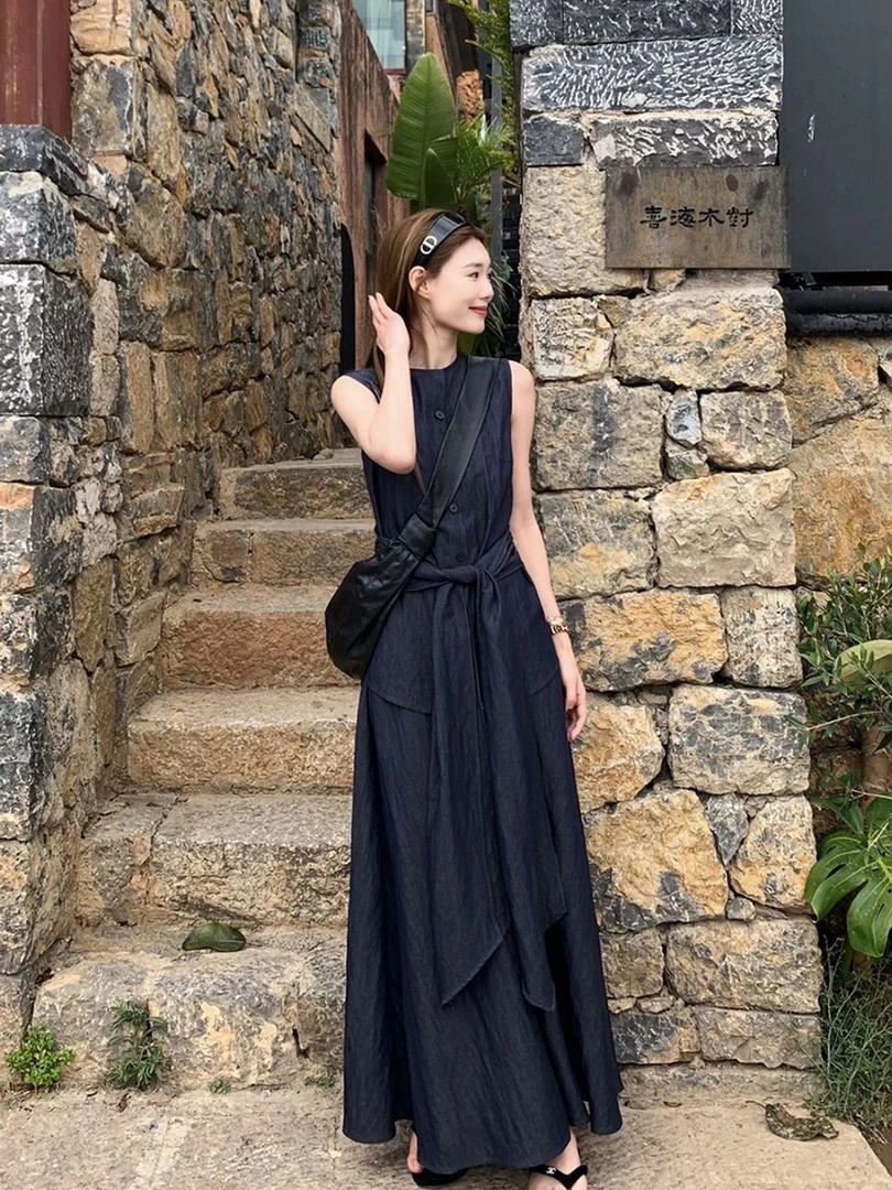 巴黎老钱风气质套装女圆领无袖裙子绑带上衣+宽松A字半裙两件套