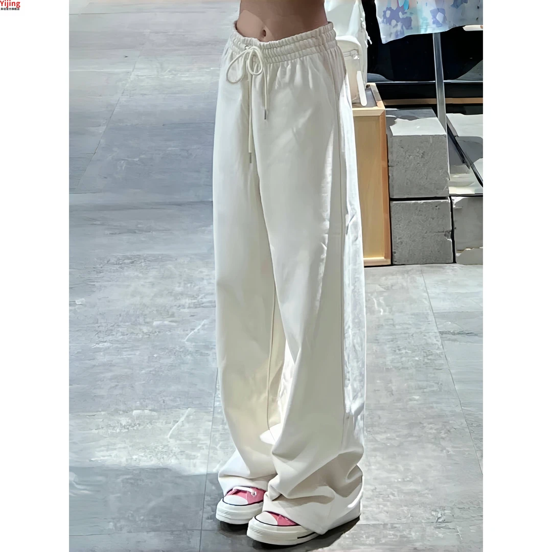 美式高街休闲白色裤子女夏季运动裤宽松直筒显瘦卫裤拖地阔腿裤潮