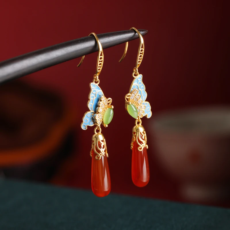 小银匠红玛瑙925银耳环女国风复古珐琅福蝶高级感蝴蝶耳饰新中式