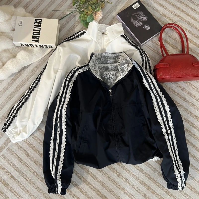【风铃推荐】拼色花边净色拉链开衫女式外套2025春季新款洋气上衣