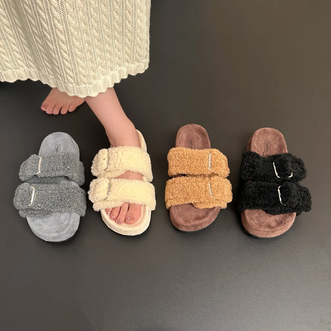 Tagabe网红厚底一字扣毛毛拖鞋女外穿秋冬加绒保暖防滑勃肯棉拖