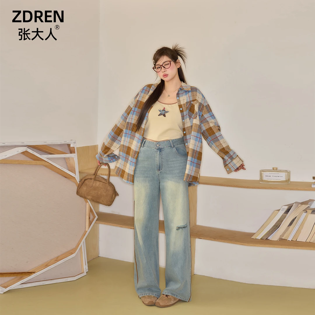张大人【徒步山川】大码女装微胖妹妹吊带搭牛仔裤休闲格纹衫套装