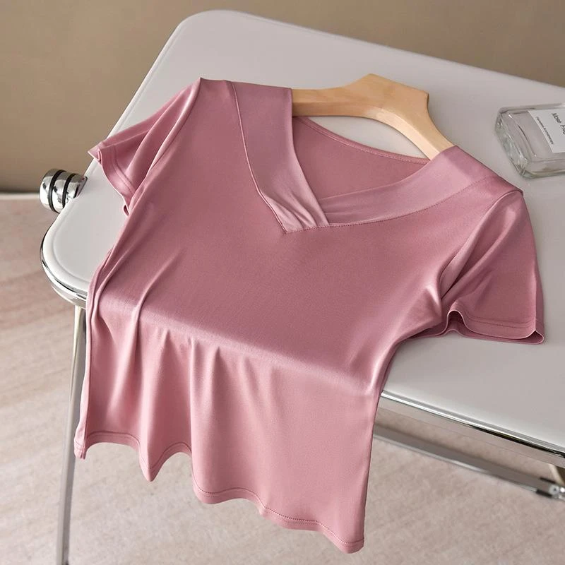 潮走瑜悦夏季真丝女恤短袖宽松舒适显瘦上衣桑蚕丝纯色领打底衫女
