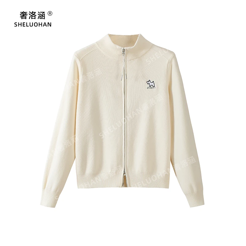 刺绣双拉链半高领针织开衫女春季新款简约纯色安迪绒短款毛衣