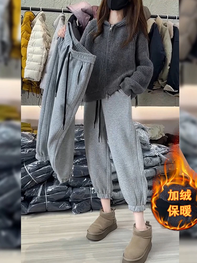 2025秋冬季九分加绒卫裤运动休闲裤女宽松大码微胖显瘦直筒束脚裤