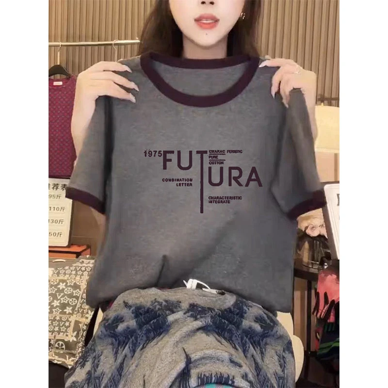 小众圆领拼接撞色t恤短袖女2025新款设计感时尚百搭减龄上衣夏季