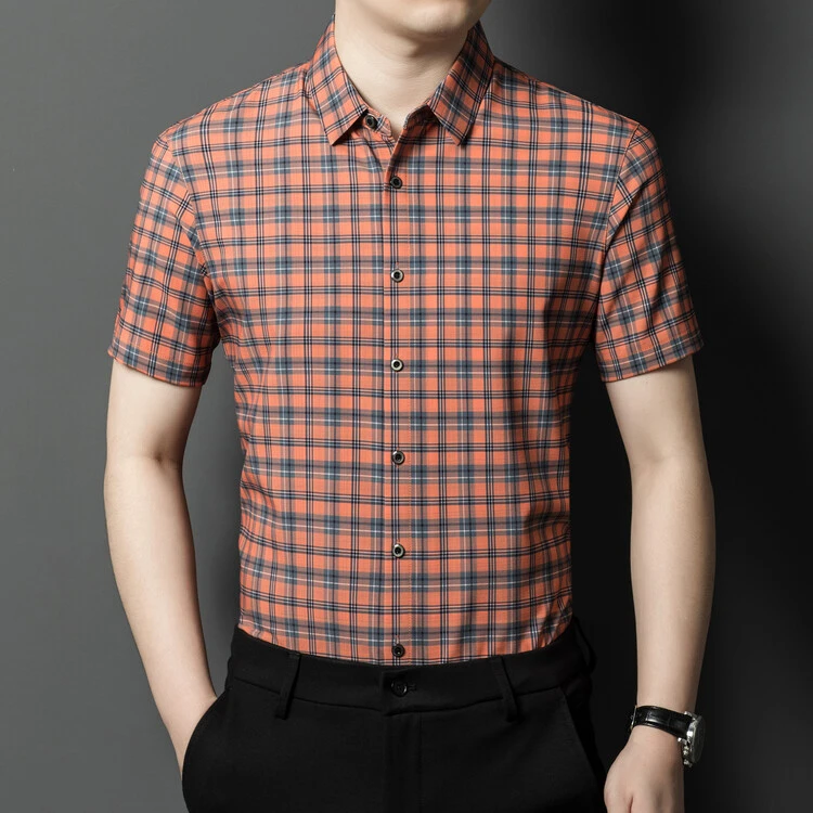 1啄木鸟衬衣商务休闲时尚男士免熨格子衬衫中老年男免烫夏季格子