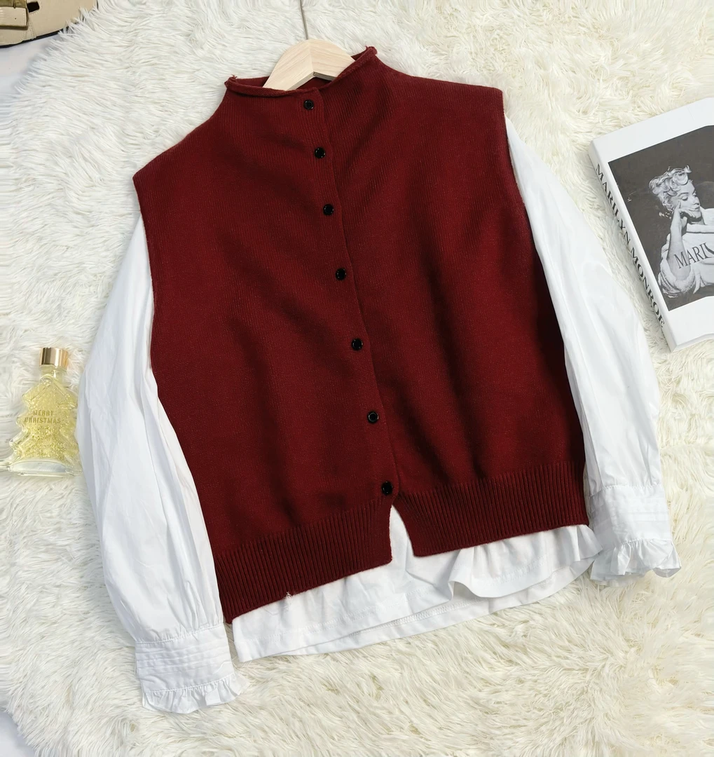玲姐定制-暗红色半高领开衫两件套马甲针织开衫350643