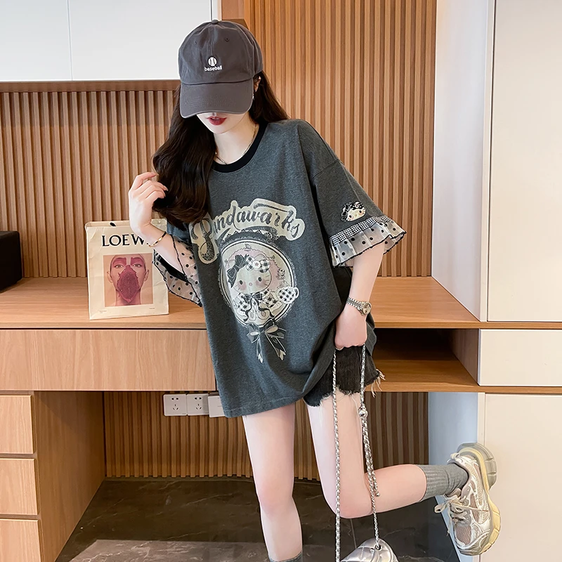 设计感网纱纯棉短袖T恤女夏季2024爆款宽松小众洋气大码半袖上衣