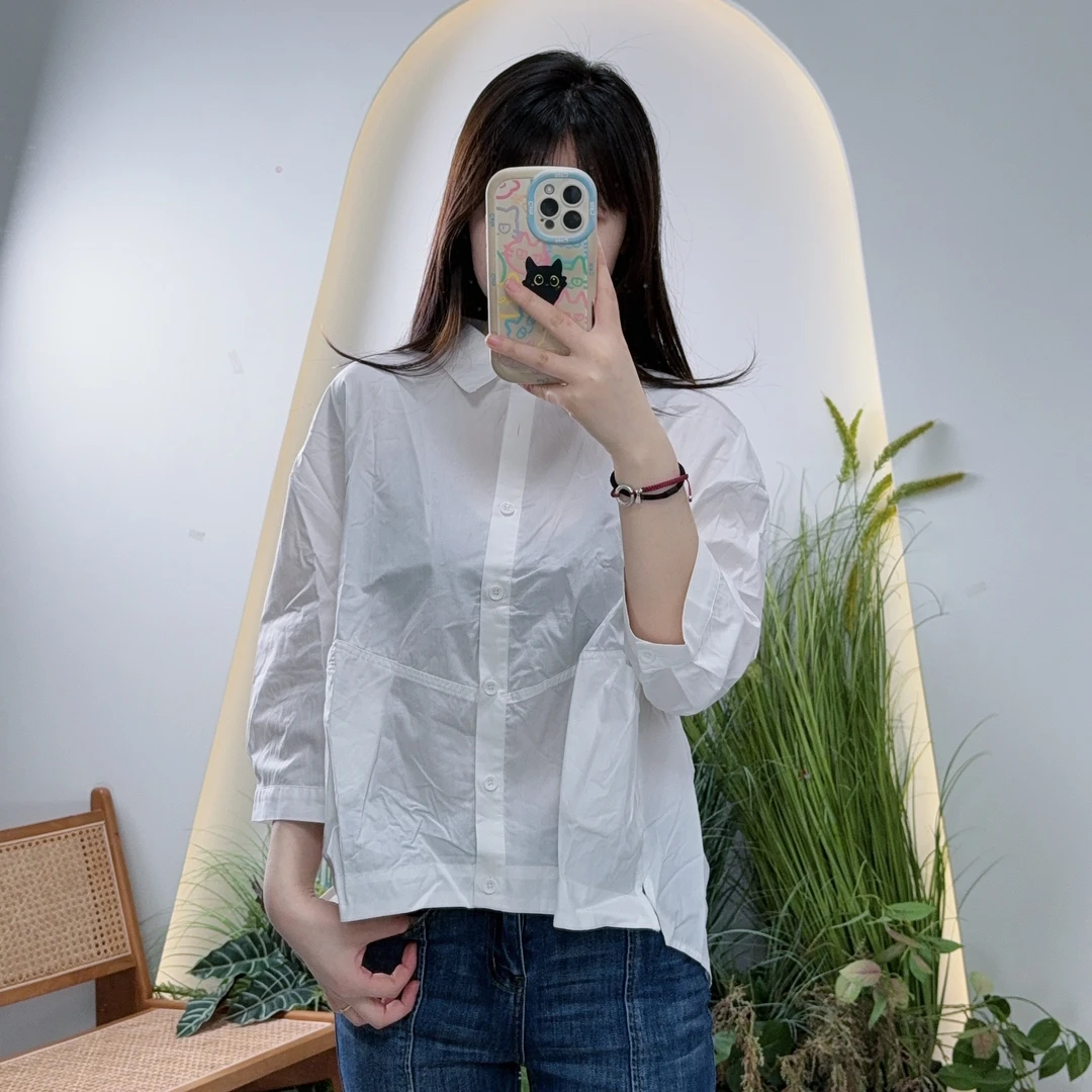 泡泡袖简约休闲上衣衬衣春季夏季春夏衬衫女单排多扣短款时尚