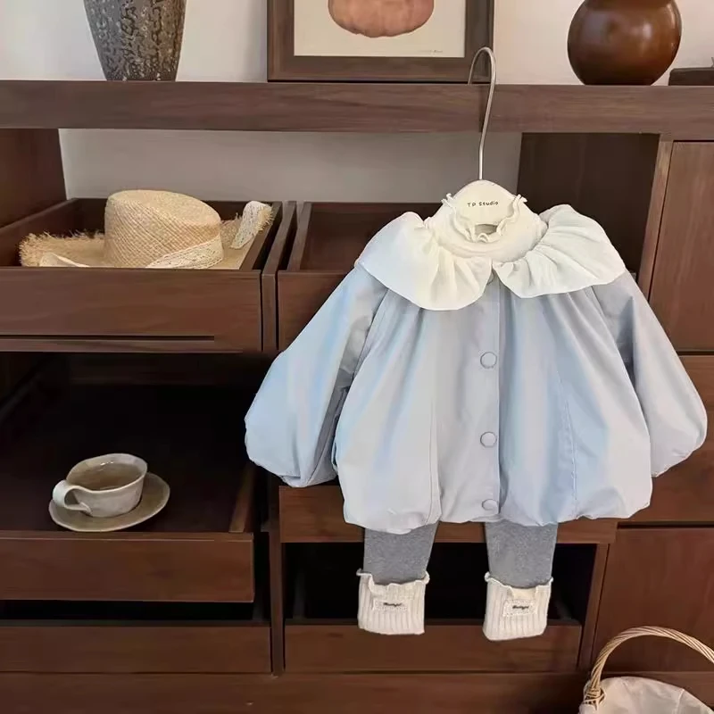 2025秋季新款又乖又甜!女宝宝荷叶大翻领风衣外套花边打底裤套装