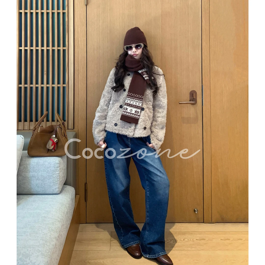 COCO ZONE刘一一“兰亭序”100羊皮革双排扣皮草 CD2A2065