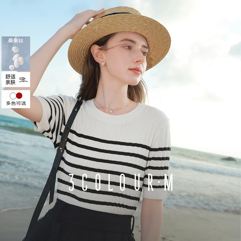 0249【金拐子专属】三彩2025夏季新款法式条纹针织衫圆领短袖dbx