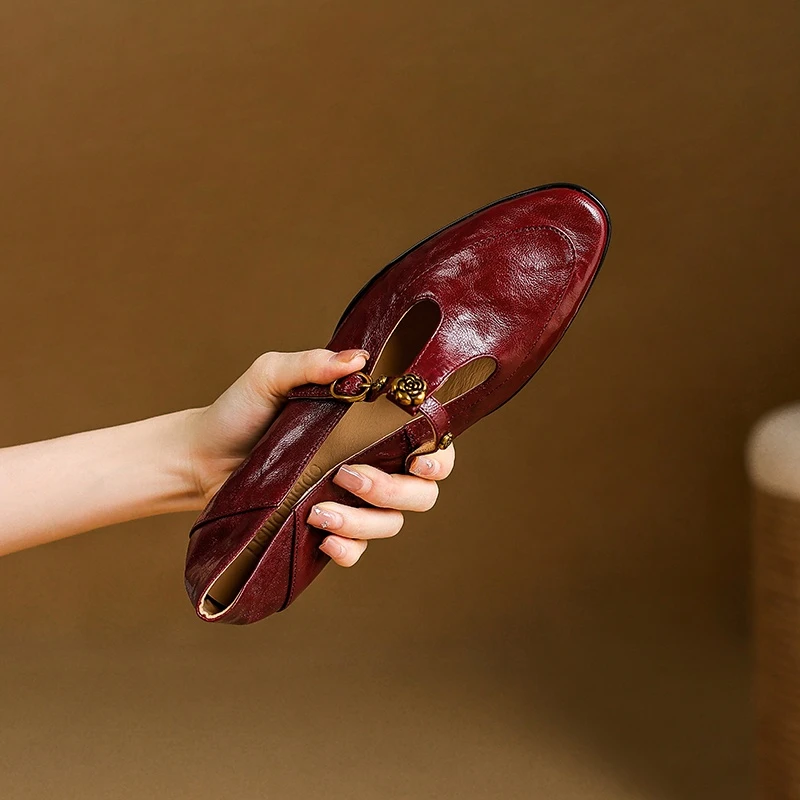 头层羊皮~法式复古山茶花玛丽珍鞋女2025春秋季新款真皮浅口单鞋