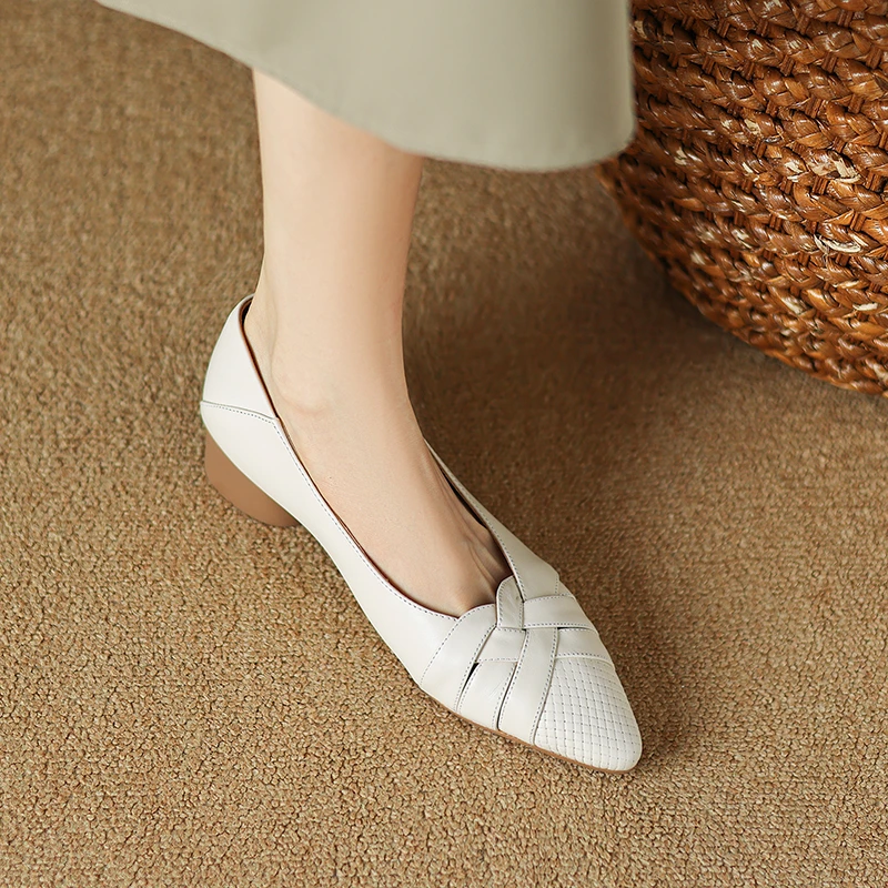 羊皮/3cm浅口尖头单鞋编织中跟拼色单鞋百搭时尚气质女鞋粗跟复古
