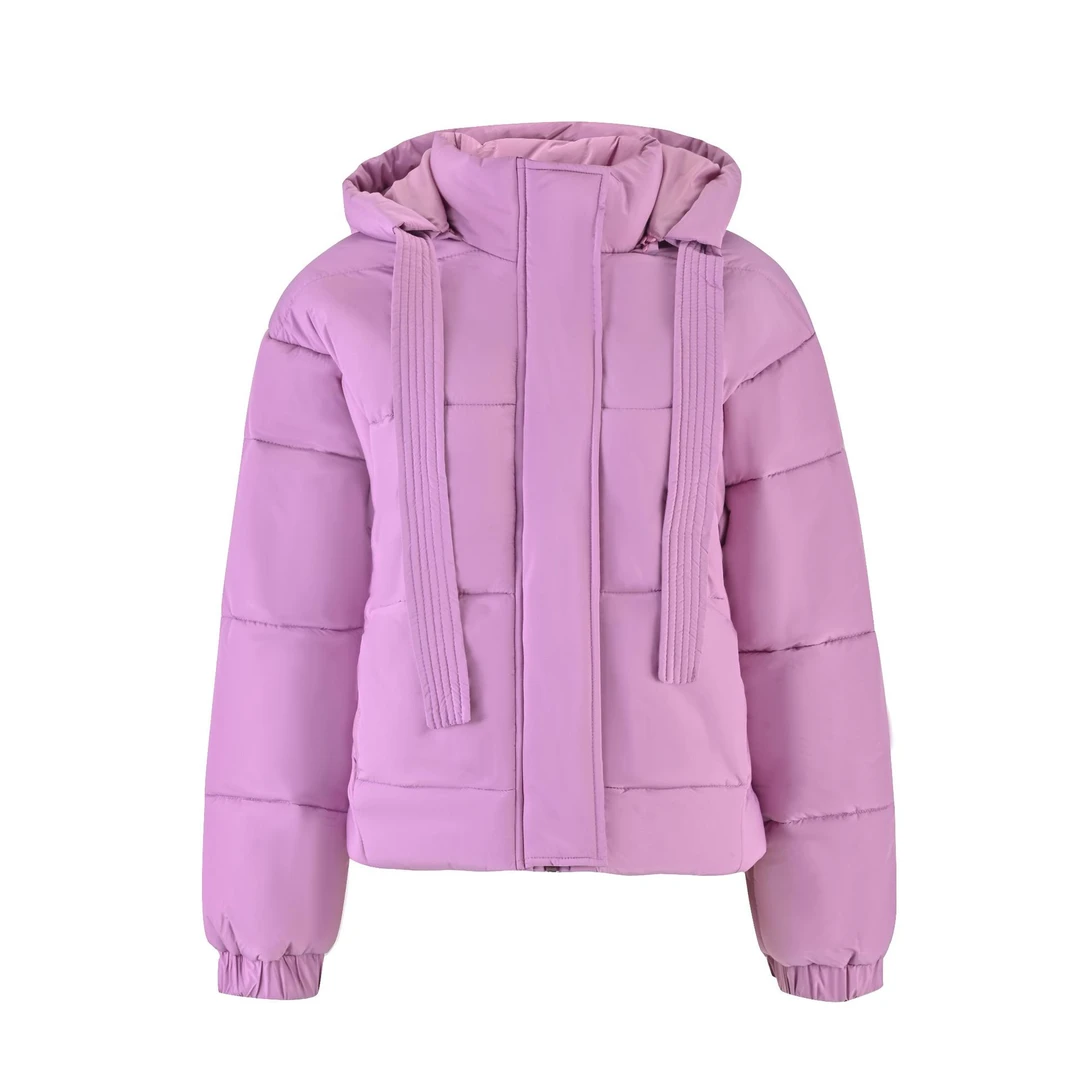 2024冬季韩版风时尚连帽时尚短款紫色高级感加厚棉衣外套女 LY533