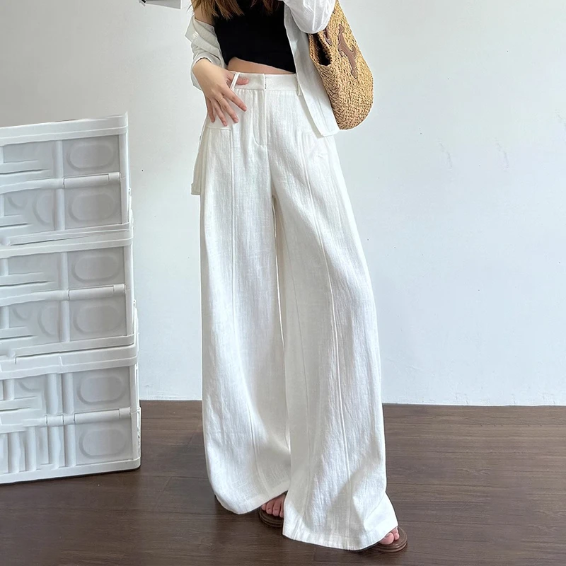 白色棉麻阔腿裤2025春夏薄款高腰垂感老钱风拖地休闲宽松慵懒裤子