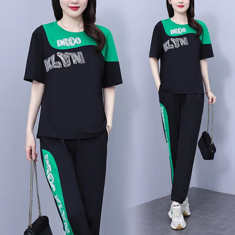 2025夏季新款时尚休闲运动套装印花大码印花卫衣裤子样减龄两件套