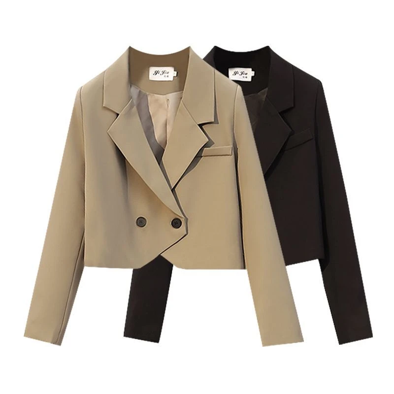 双排扣短款小西装外套女早春新款宽松显瘦高腰小西服女韩版小西装