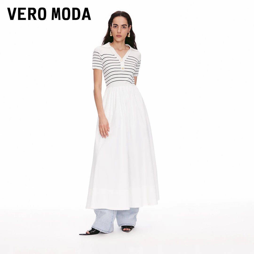 Vero Moda连衣裙2025夏日穿搭V形翻领撞色条纹针织拼接32527B013