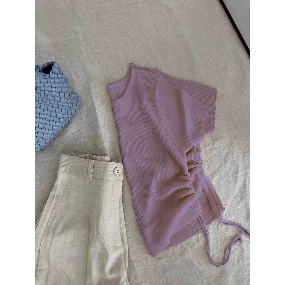 多巴胺紫色短袖上衣女夏季法式小众独特别致抽绳短款修身t恤小衫