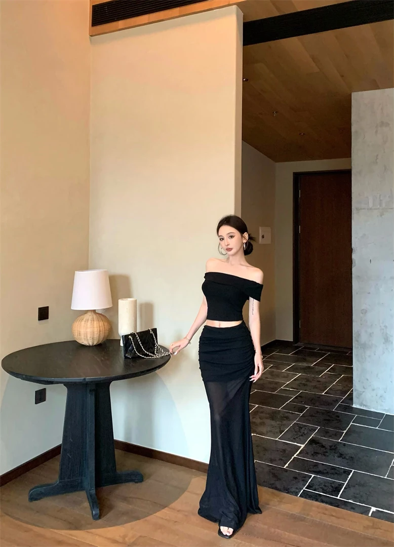 主角光环一字肩短款身上衣网纱拼接半身裙套装#8192