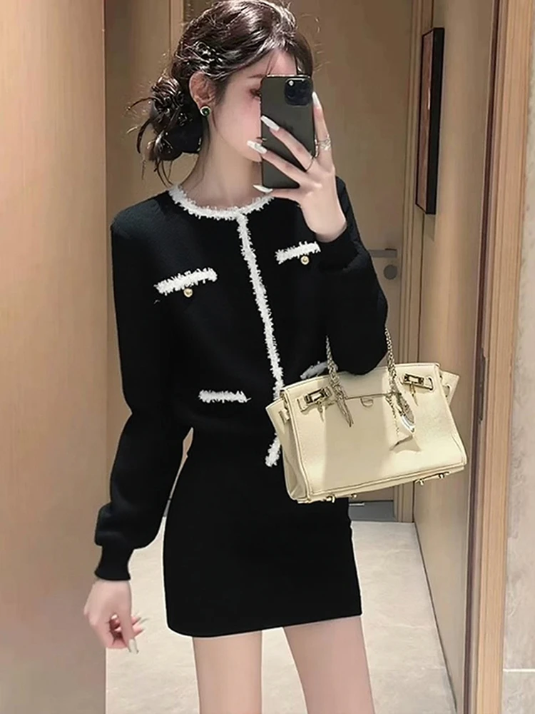 小香风黑色套装女2025新款冬季高级感穿搭一整套上衣半身裙两件套