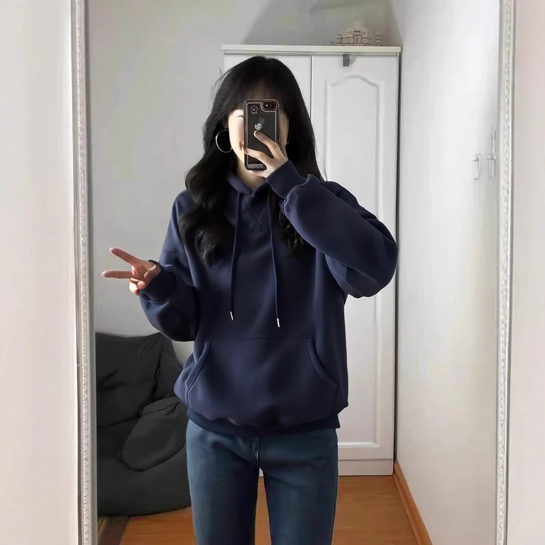 秋冬套头韩版百搭时尚必备简约休闲宽松加绒加厚纯色连帽卫衣女上