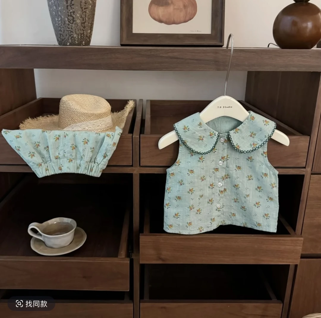 女宝小童翡翠绿套装~夏季女童新款娃娃领2025印花儿童韩版两件套