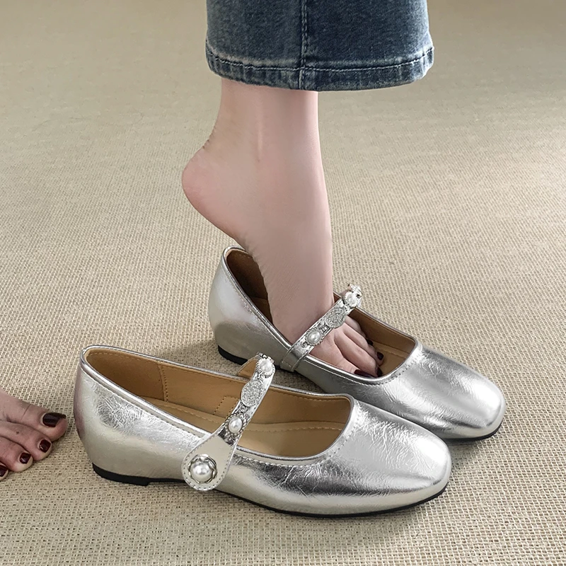 银色玛丽珍女鞋出游百搭鞋子配裙子一字带法式夏季浅口单鞋女圆头