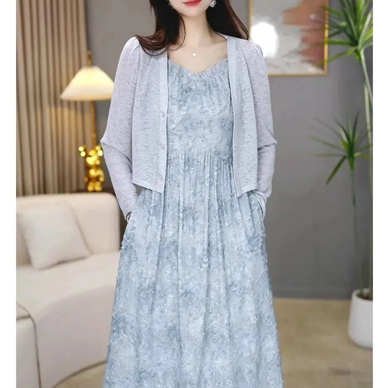 【定制套装】B373蓝色连衣裙优雅气质时尚减龄休闲显瘦春季两件套