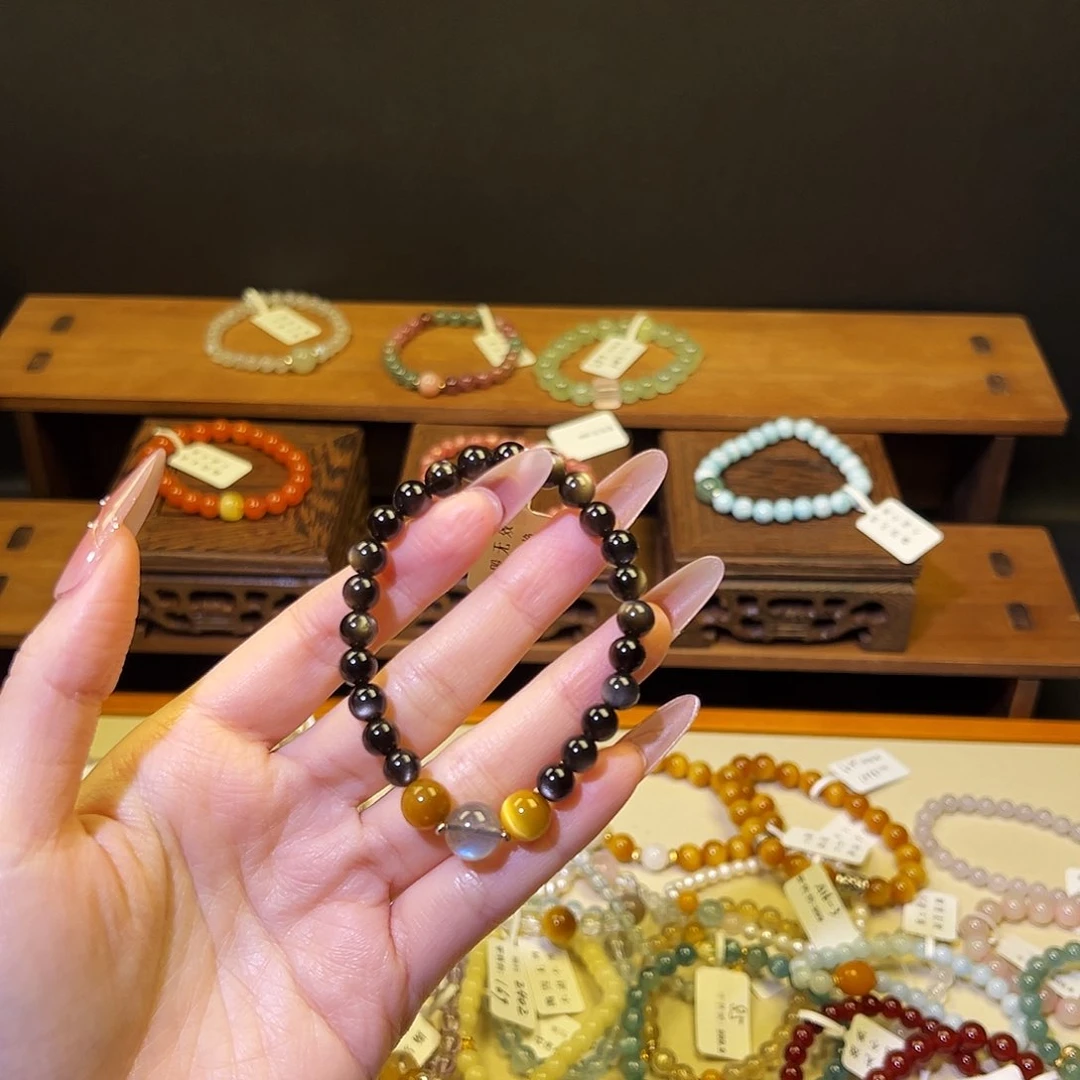 水晶手链银S925镶嵌银曜石1008