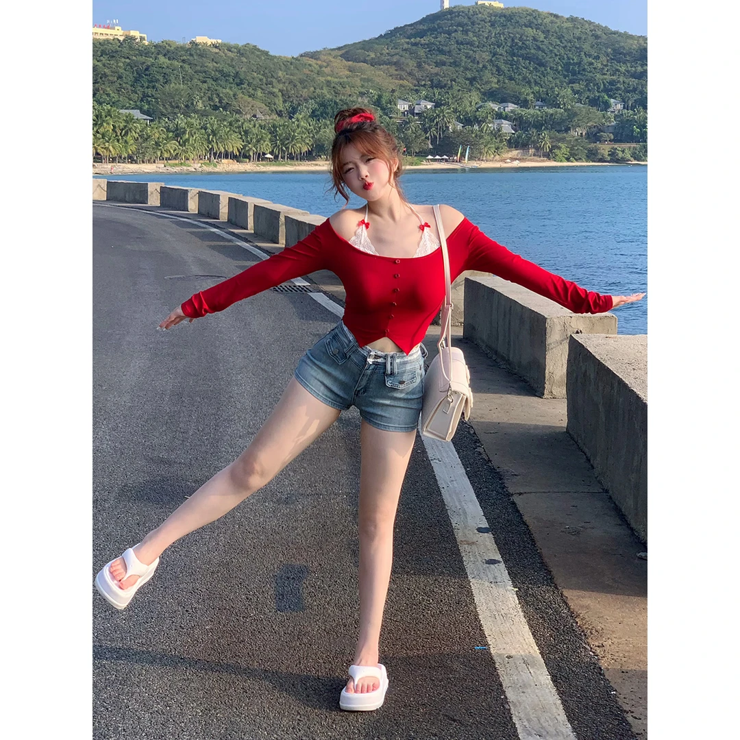MengFairy清清【芭蕾甜心】纯欲甜美拼接假两件挂脖T恤上衣4802M