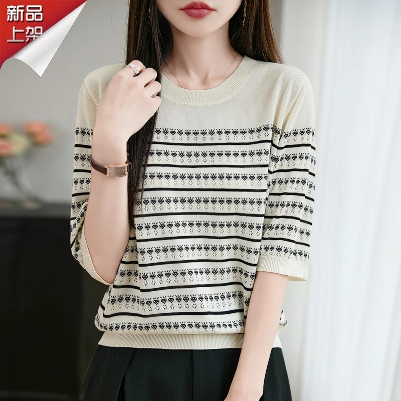 哥弟阿玛施正品夏季缕空提花圆领针织短袖百搭气质莱赛尔条纹T恤