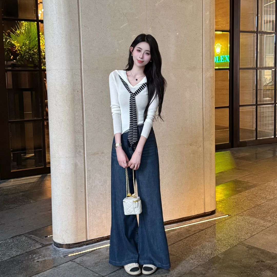 【桃枝小棠】简约时尚海军领针织衫女早秋新款条纹披肩假两件上衣